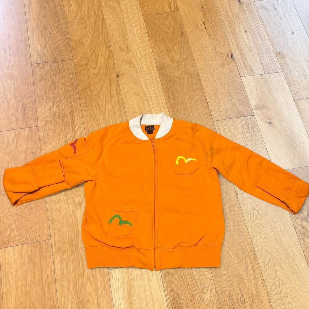 Evisu Vintage Orange Zip Up Sweatshirt Bomber Seagull Logo Painted Youth Medium